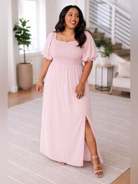 Blush Pink Smocked Maxi Dress Slit Sleeve | Cottagecore Spring Size M